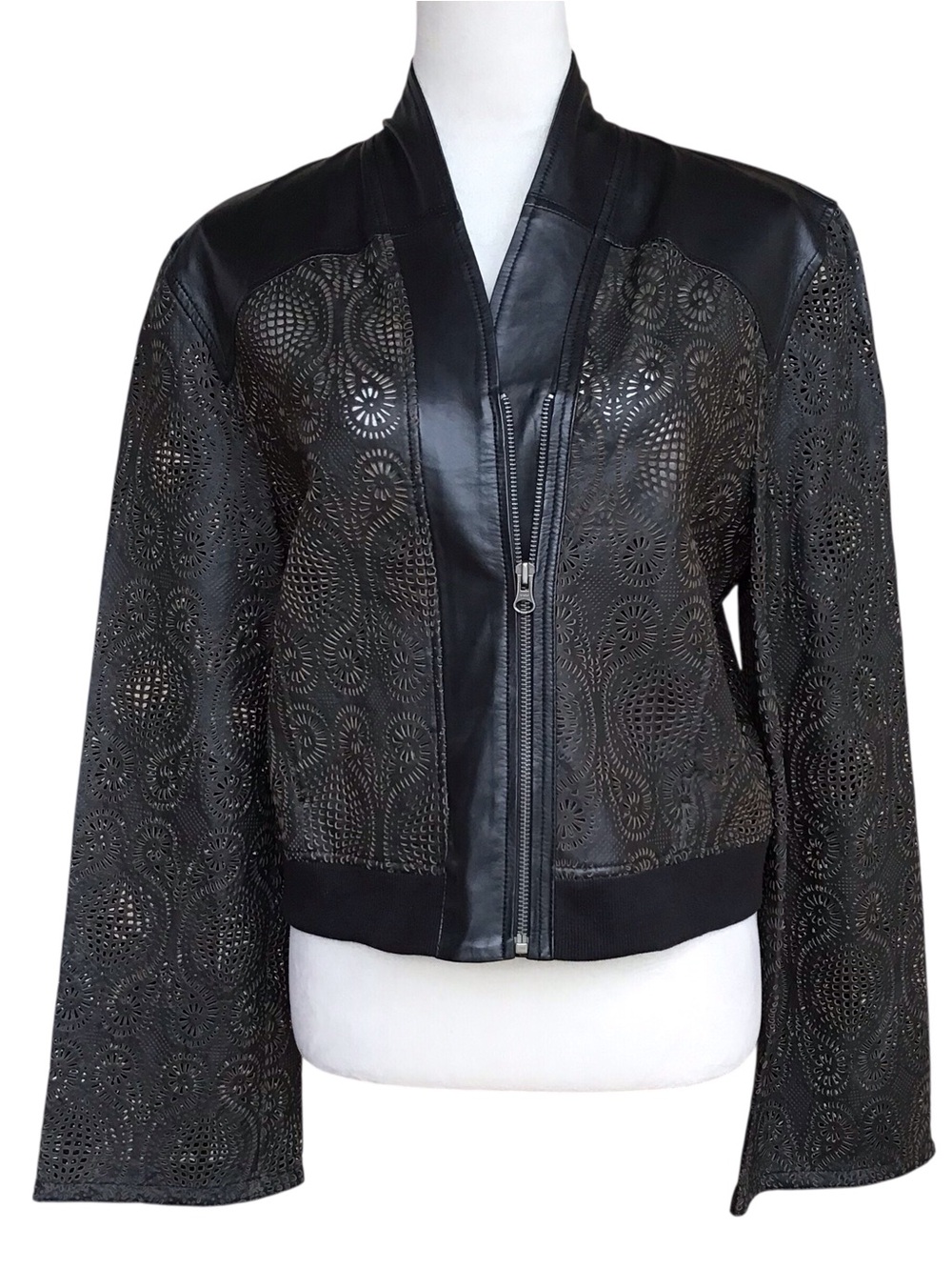 Jakett Laser Cut Cropped Zip Up Leather Jacket NEW